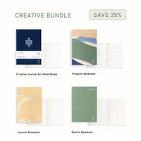 Set of notebooks including 'Creative Journal Art Sketchbook', 'Projects Notebook', 'Journal Notebook', and 'Sketch Notebook' with a promotional banner on a white background.